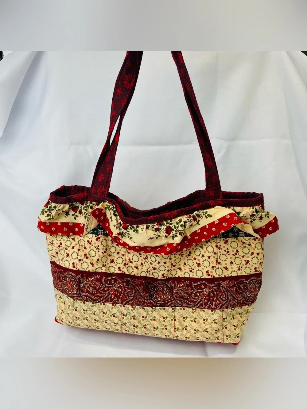 Quilted Floral Tote Bag in Red and Cream